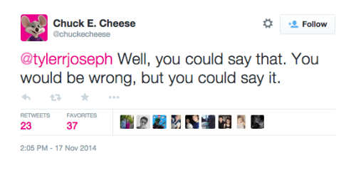 barocknroll:twenyonepilots:CHUCK JUST GOT GOTTALK SHIT GET HIT CHUCK E. CHEESE