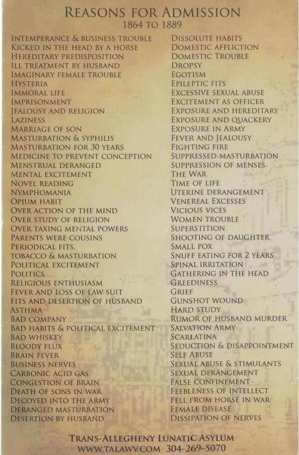 spgent:  Trans-Allegheny Lunatic Asylum, Reasons for Admission (1864-1889) …so