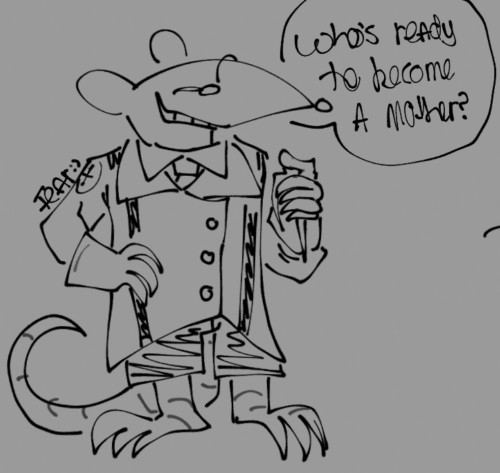 a digital doodle of medic from team fortress as an anthro rat. he stands with a paw on his hip and a pen in the other paw, smiling. his speech bubble says "who's ready to become a mother?"