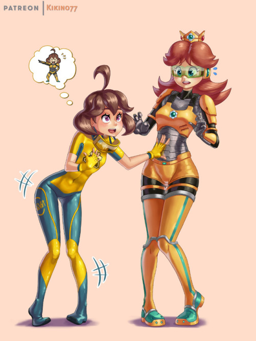 kikinodrawings: Mechanica admiring Daisy’s custom-designed plug suit 🤖 Why do I always get crossover commissions 🤔 