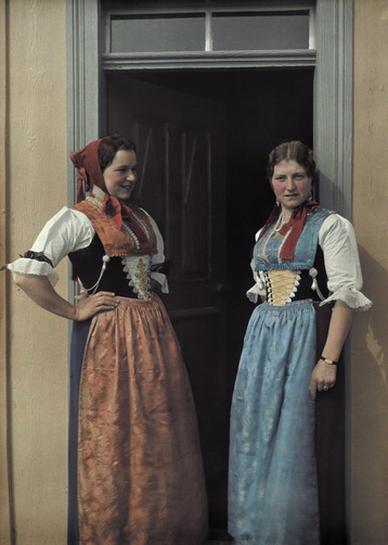 Two young women wearing the traditional clothes of the area - Appenzell Inner-Rhoden, Switzerland. P