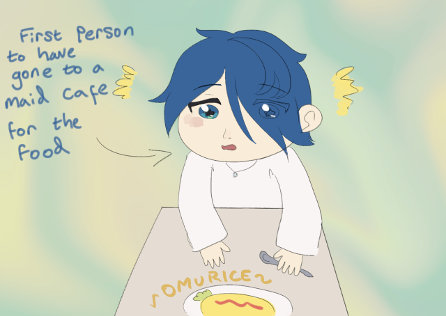 A much simpler drawing of Haruka. He is looking hungrily at his plate of omurice while an arrow says he is "the first person to have gone to a maid cafe for the food"