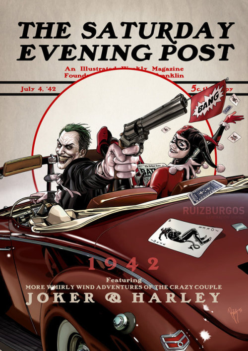 JOKER and HARLEY 1942 by OnlyMilo.DC Comic Superheros &amp; Villains In The Style Of Norman Rockwell