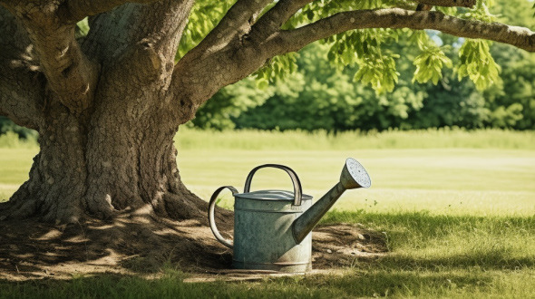a tree with a watering can near its roots