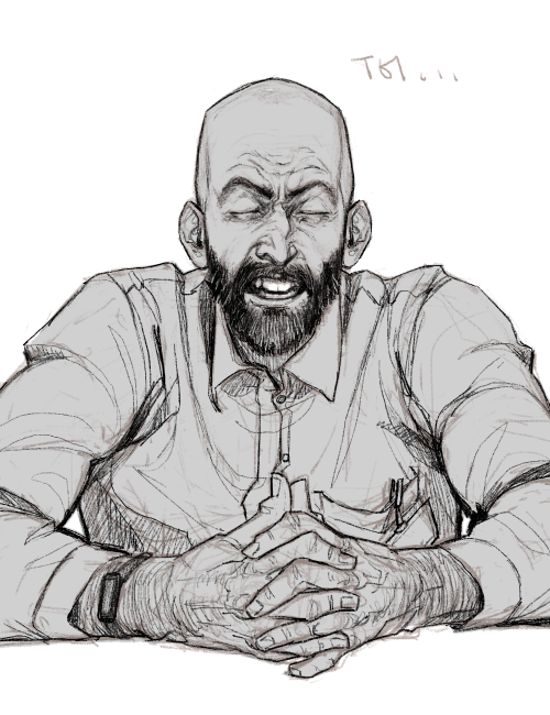 yan-may-fire:  joking around about Kostas balding, shaving his head at some point and growing out a beard has lead me to promising i’d draw him with this look. But of course i also did some funny faces to go along