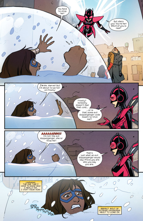 marvelheroperil: Kamala Khan gets trapped in a giant snow globe by her doppelganger. Nadia Van Dyne 