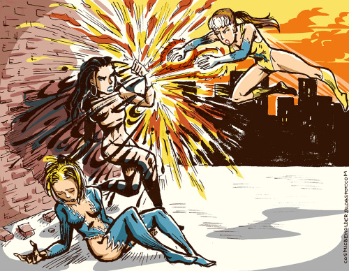 cosmicbeholder:  Some fan-art for a butt-kicking comic on DeviantArt by cyberkitten01, taking place in the collaborative Angel Falls super-hero universe. Pictured is Kate Five, who’s been going evil lately. Heroine Ms Blitzen had her pretty much