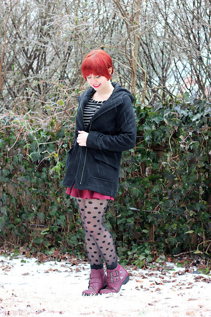 Polka Dot Tights, Maroon Ankle Boots, Black Coat, Striped Top, & a New Pixie Cut by petitepanopl