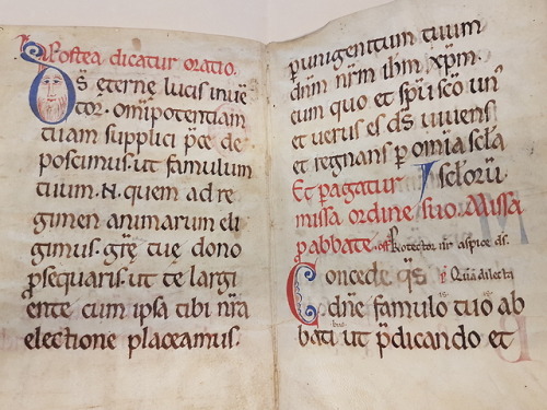 Ms. Coll. 591 Folder 36 - Pontifical BifoliumThis bifolium (two sheets of parchment folded together 