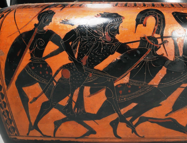 archaicwonder:  Herakles vs The Amazons  This Attic black-figured column krater portrays