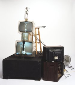 arpeggia:Nam June Paik - TV Cello, 1971, video tubes, TV chassis, plexiglass boxes, electronics, wiring, wood base, fan, stool, photograph, dimensions variable “Since the early 1960s, Nam June Paik has explored the potential of television as an art