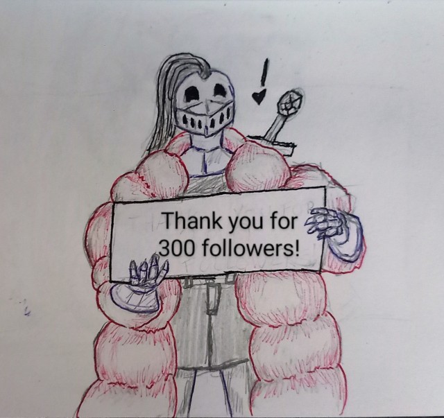 a pencil and ballpoint pen doodle of a knight with a red puffer jacket holding a sign that reads "thank you for 300 followers!"