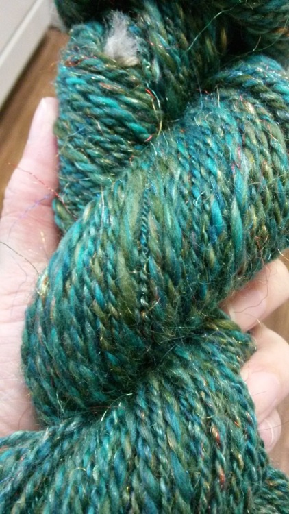 My first grown-up handspun yarn. Fiber is “Verdigris” by SpinJones on Etsy, spun and pli