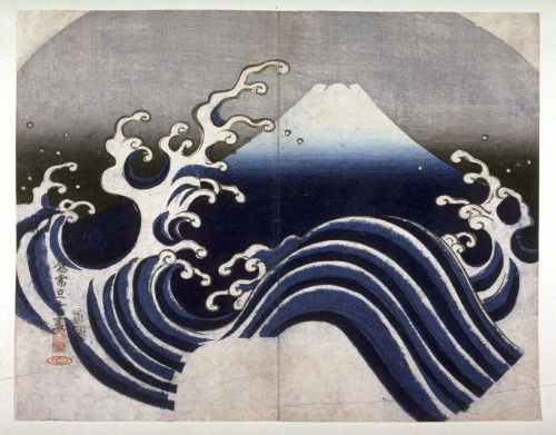 Tanka, Mount Fuji and Wave, 1835. Color Woodcut. Publisher Enshuya Matabei, Japan. Via FAMSF