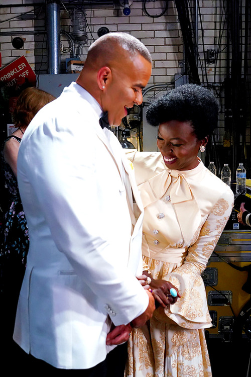 Christopher Jackson and Danai Gurira pose backstage during the 73rd Annual Tony Awards at Radio City