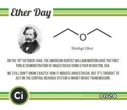 compoundchem:  Today is ‘Ether Day’ - 168 years ago today, the first public demonstration of the use of diethyl ether as an anaesthetic was given.This doubles as a teaser post for an upcoming graphic on anaesthetics! 