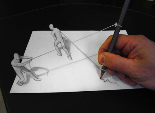 timeandchange:  odditiesoflife:  Incredible 3D Drawing Illusions Italian artist Alessandro Diddi uses the simple mediums of pencil and paper to create incredible anamorphic pencil drawings that look completely three dimensional. The illusions appear when