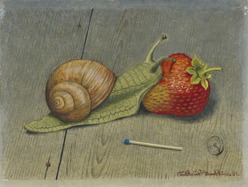 Niklaus StoecklinSTILLLEBEN MIT SCHNECKE, ZÜNDHOLZ UND ERDBEERE, 1961