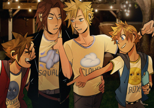 liverpepper:  sora: roxas and i made ☆PERSONALIZED☆ emoji shirts for all four of us as a part of our birthday gift for cloud!!!! theres actually a better -Roxas: Proper - sora: - family picture, but yuffie managed to take a snapshot when leon was