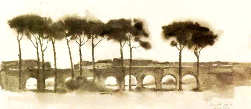 Wendy Artin, Cinecittà, 2000. Watercolor on cotton Khadi paper, 40 x 18 cm.