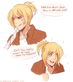 playbunny:  I like imagining Hanji taking Armin under her wing like a sempai and Armin picks up all these influences and quirks and grows up to be like a little version of her uvu 