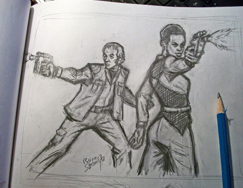 Rough sketchbook drawing: Dayna and Vila from Blake&rsquo;s 7.