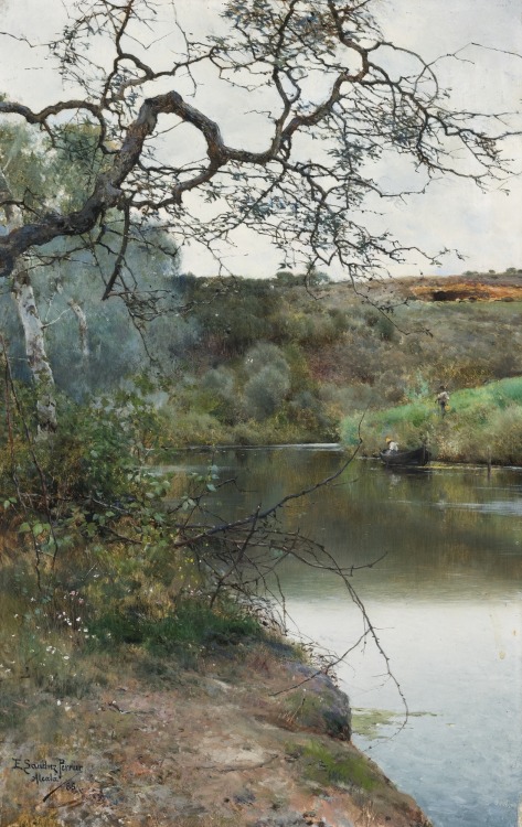 blastedheath: Emilio Sánchez-Perrier (Spanish, 1855-1907), Boating along a quiet river, Alcal