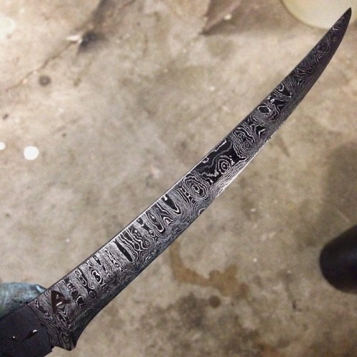 redforgeworks:  Freshly etched #birdandtrout fillet #damascus #fillet #knife #redforgeworks #blacksmith #vscocam 