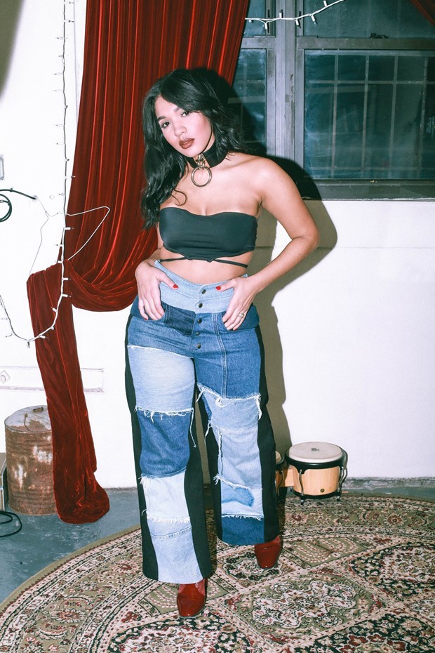 phlemuns:  Yaris Sanchez in PHLEMUNS 2-in-1 recycled denim pants for Dazed. 