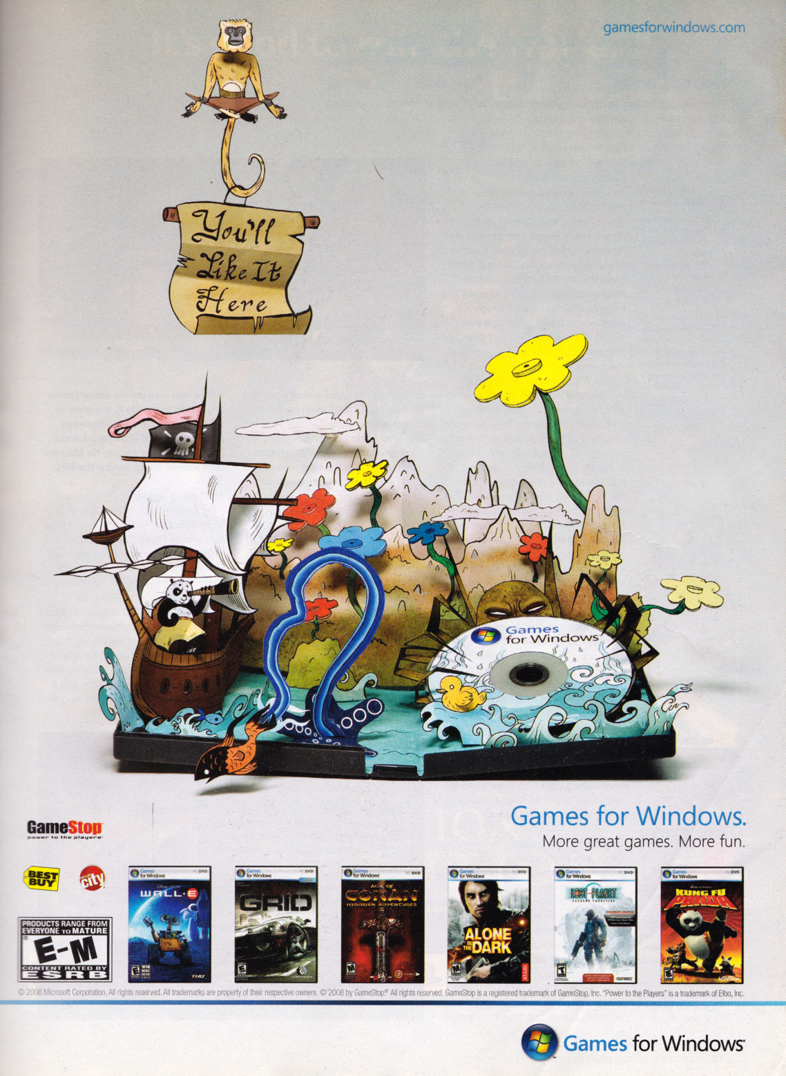 ‘Games for Windows - ‘You’ll Like it Here’’
[’Wall-E’, ‘GRiD’, ‘Age of Conan: Hyborian Adventures’ , ‘Alone in the Dark’, ‘Lost Planet: Extreme Condition’, ‘Kung-Fu Panda’][PC] [USA] [Magazine] [2008]
• EGM, July 2008 (#230)
• “You’ll Like It Here”...