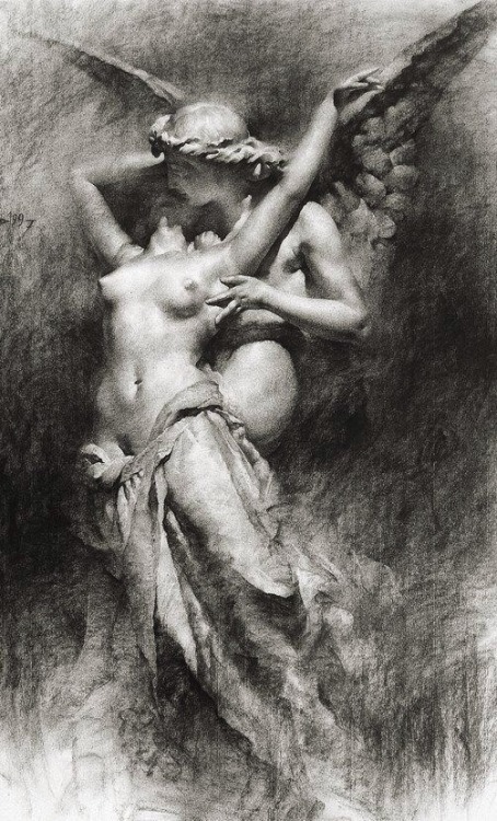 templeofapelles:  Eros and Psyche (Herbert James Draper?)  “Eros seizes and shakes my very soul like the wind on the mountain shaking ancient oaks.” ~Sappho