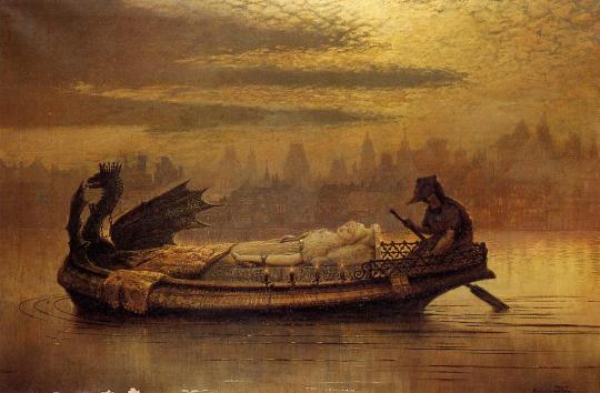 Elaine, 1877, John Atkinson Grimshaw Medium: oil,canvas https://www.wikiart.org/en/john-atkinson-grimshaw/elaine-1877