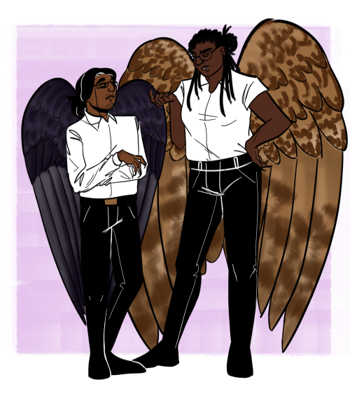 tanis-drawings-2point0:[ID: Three digital drawings of Jonathan Sims and Sasha James with wings, crow