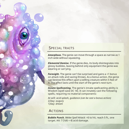 Dream Genie – Small elemental, chaotic neutralAdventurers in search of soothsaying often seek out en