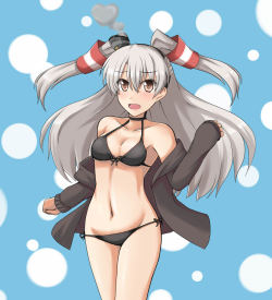 艦隊これくしょん、天津風（艦これ）、ビキニ、ジャケット、ロングヘア、ヘアチューブ、ツーサイドアップ、mono (mono60)、女一人、水着、茶色の瞳、銀髪 | Sankaku Channel