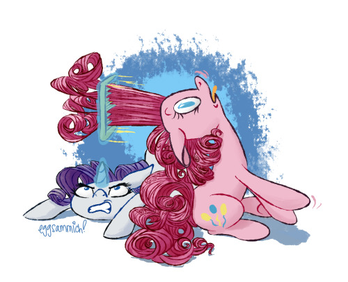 quarium-mod:  mylittleponyoficialg4:  curly-maned friends by eggsammich  History of my life when my curls are all grown… ow…  xD