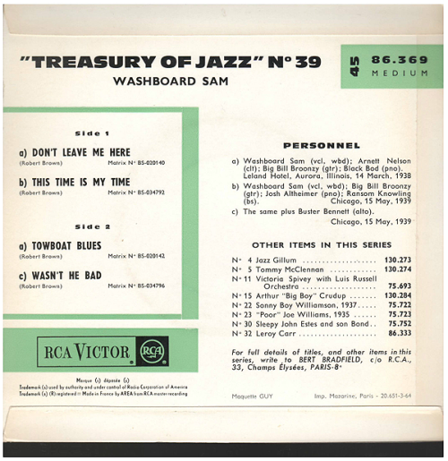 classicwaxxx:  Washboard Sam “Treasury of Jazz No. 39” EP - RCA Victor Records, France (1964). 