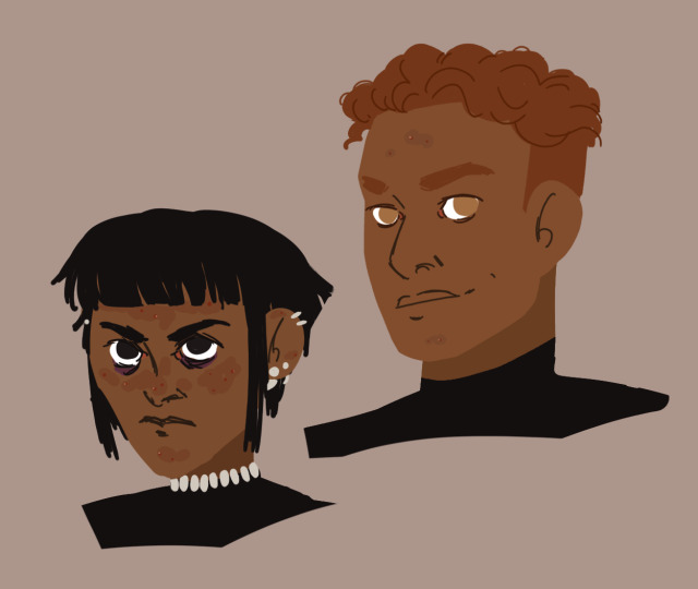 [ID: two bust drawing of Gideon and Harrow from the Locked Tomb Series on a gray background. Harrow is a glaring teenager with cropped black hair, black eyes, and brown skin. She has heavy bags under her eyes and severe acne scars. She wears a choker necklace made of finger bones and several bone earrings. Gideon is a smiling teenager with brown skin and curly red hair in an undercut. She has yellow eyes and less severe acne than Harrow. Like Harrow, she wears a black, high-collared shirt, but she is wearing no bone jewelry. End ID.]My proper designs for the TRUE terrible teens. #tlt #the locked tomb #gtn #gideon the ninth #htn #harrow the ninth #harrowhark nonagesimus#gideon nav#ninth house#9th house#griddlehark