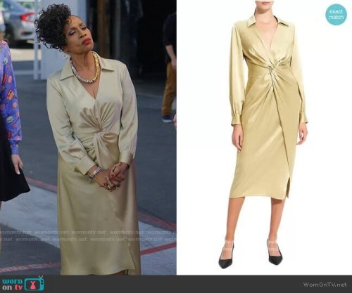 Patricia’s green satin twist front dress on I Love That For You Twist Midi Dress in Pale Lime by The