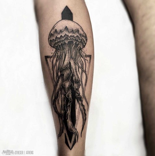 dubuddha-tattoo:  Calf Dotwork Jellyfish Tattoo 