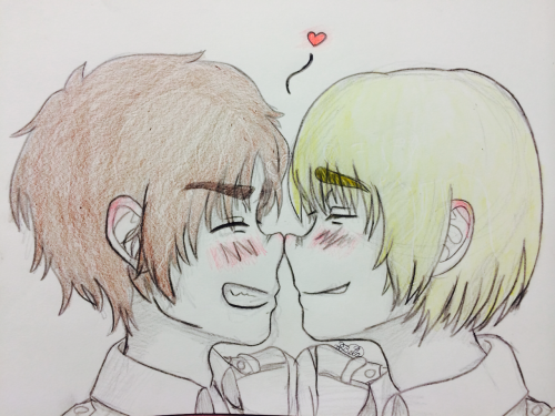 pastalovingmaniac:  This one made me so happy to draw, it’s almost therapeutic. But holy crap I love this ship so much but it’s my first time drawing cutesy stuff between Armin and Eren •-•. I don’t know how to draw kissing so you get adorable