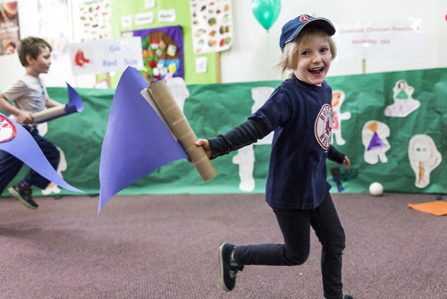 Mini Red Sox fans celebration Opening Day at Elmwood Christian Preschool on Apr. 5, 2018. 