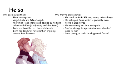 thehelsalife:  This has been bothering me a lot lately. The Frozen fandom is so divided and toxic that people actually feel unsafe because of their ship, even though there are issues with every single pairing. So, I wanted to point those issues out. I