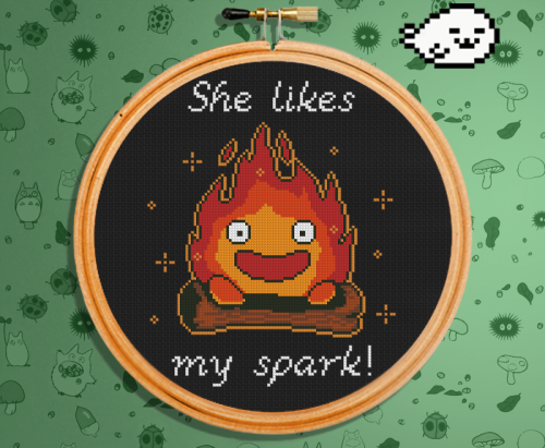 Click on the image to download the pattern.-Calcifer - She Likes My Spark! - Free Cross Stitch Patte