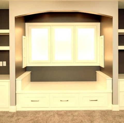 Contemporary Basement - Walk OutMid-sized Trendy Walk-out Carpeted And Brown Floor Basement Photo With