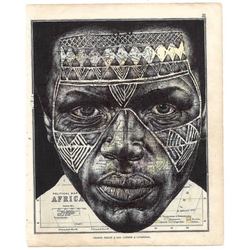 markpowellartist:‘one song’ bic biro drawing on a antique map of Africa. Available at ww