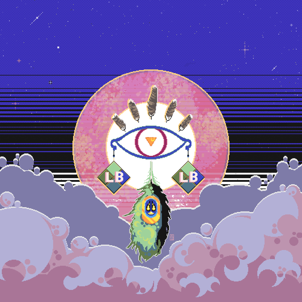 Commission on Fiverr, I love the colours on the foreground clouds so muchh #pixel art#pixelart#clouds#purple#animated#stars#sun#peacock#feather#blep
