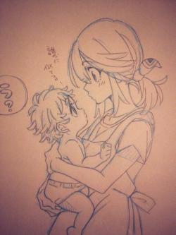 sushiobunny:  By the way, the artist said that this drawing was inspired by the “Ryuko is good with kids” comment; it’s Ryuko as a babysitter.  babe would make a great mother someday~ &lt;3 &lt;3 &lt;3