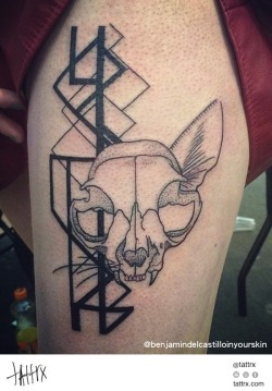 Tattrx:  Benjamin Del Castillo Tattoo - Cat Skull Tattrx.com/Artists/Benjamin-Del-Castillo
