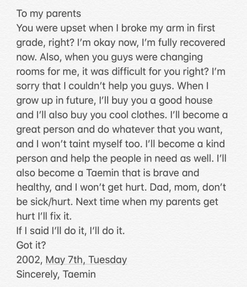 nso-csi:191104 Taemin instagram  update, Taemin’s letter to his parents in 2002 (9 years old)cr. ZOE